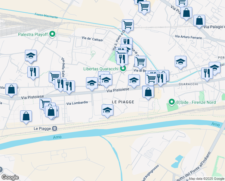 map of restaurants, bars, coffee shops, grocery stores, and more near 210 Via Pistoiese in Firenze