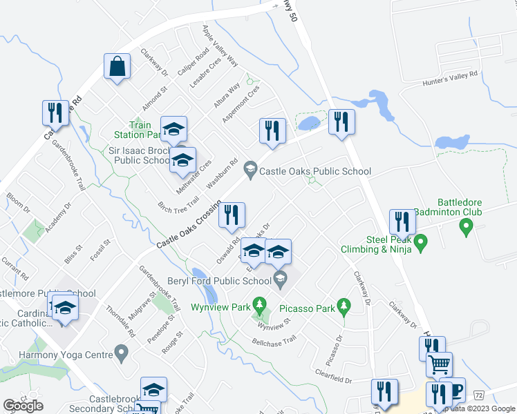 map of restaurants, bars, coffee shops, grocery stores, and more near 26 Country Ridge Court in Brampton
