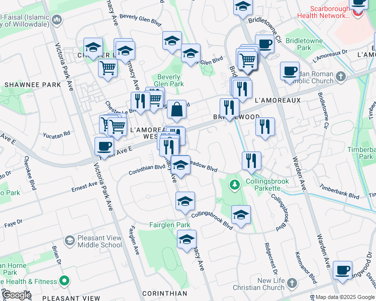 map of restaurants, bars, coffee shops, grocery stores, and more near 100 Sprucewood Court in Toronto