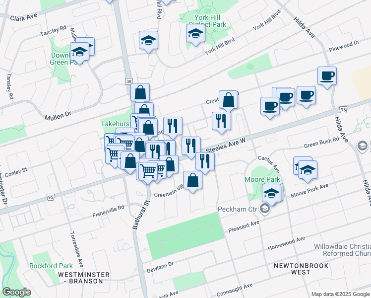 map of restaurants, bars, coffee shops, grocery stores, and more near 91 Townsgate Drive in Vaughan