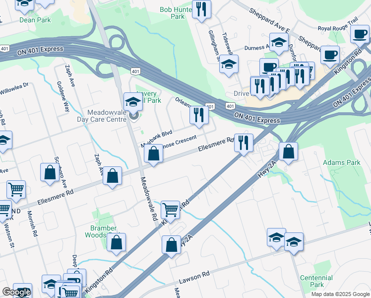 map of restaurants, bars, coffee shops, grocery stores, and more near 4028 Ellesmere Road in Toronto
