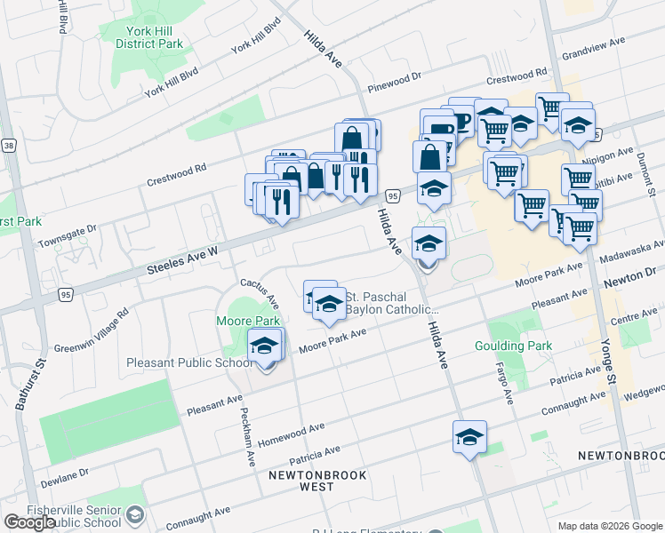 map of restaurants, bars, coffee shops, grocery stores, and more near 55 Green Bush Road in Toronto