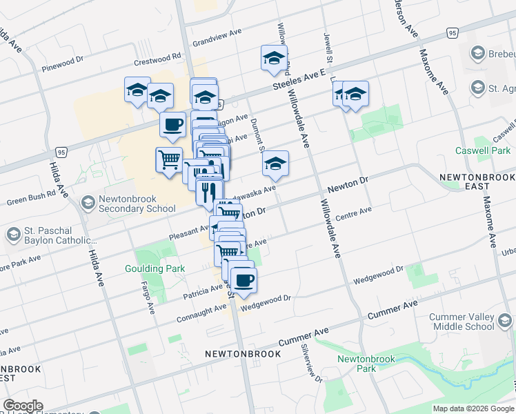 map of restaurants, bars, coffee shops, grocery stores, and more near 36 Newton Drive in Toronto