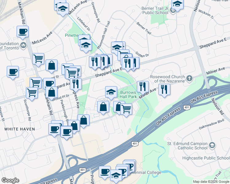 map of restaurants, bars, coffee shops, grocery stores, and more near 156 Burrows Hall Boulevard in Toronto