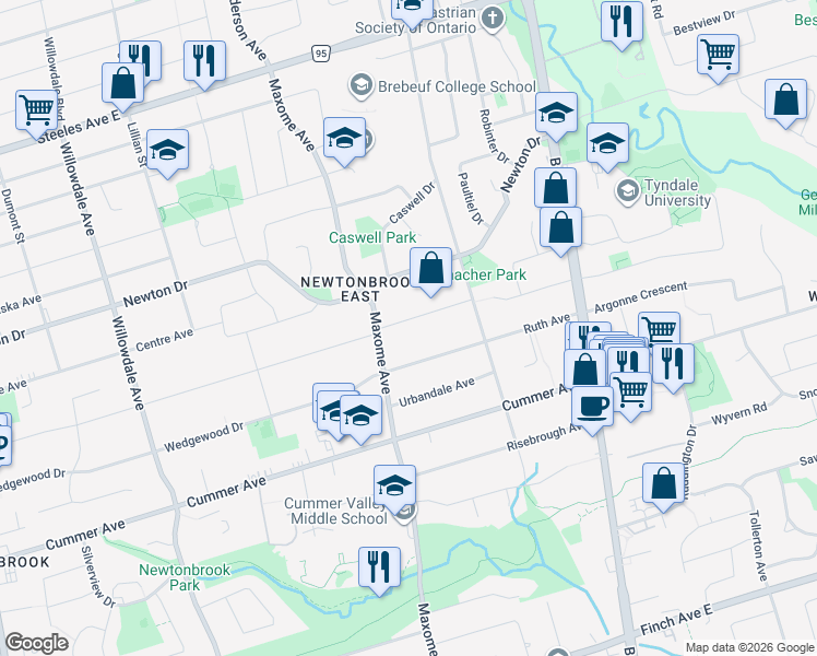 map of restaurants, bars, coffee shops, grocery stores, and more near 199 Northwood Drive in Toronto