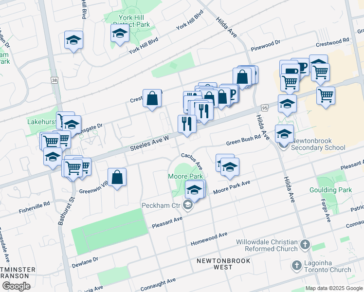 map of restaurants, bars, coffee shops, grocery stores, and more near 551 Steeles Avenue West in Toronto