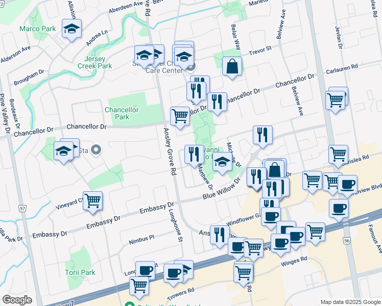 map of restaurants, bars, coffee shops, grocery stores, and more near in Vaughan