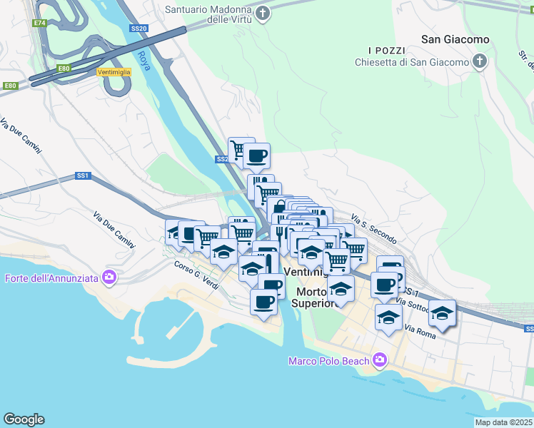 map of restaurants, bars, coffee shops, grocery stores, and more near 13 Via San Secondo in Ventimiglia
