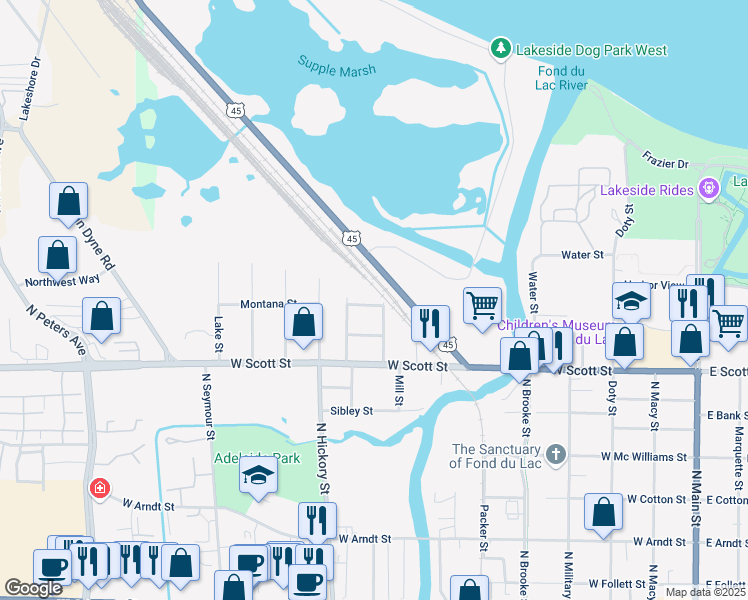 map of restaurants, bars, coffee shops, grocery stores, and more near 355 North Street in Fond du Lac