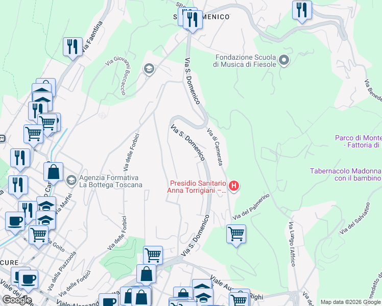 map of restaurants, bars, coffee shops, grocery stores, and more near 87 Via San Domenico in Firenze