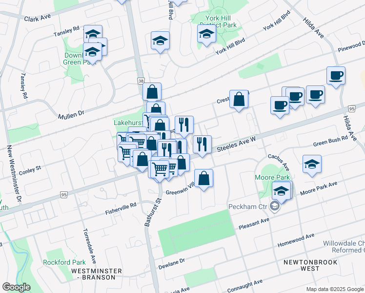 map of restaurants, bars, coffee shops, grocery stores, and more near 11 Townsgate Drive in Vaughan
