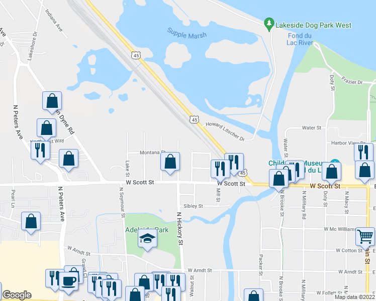 map of restaurants, bars, coffee shops, grocery stores, and more near 542 Washington Street in Fond du Lac