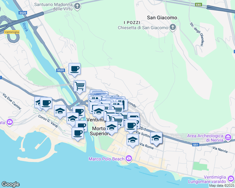 map of restaurants, bars, coffee shops, grocery stores, and more near 9 Via delle Gerbere in Ventimiglia