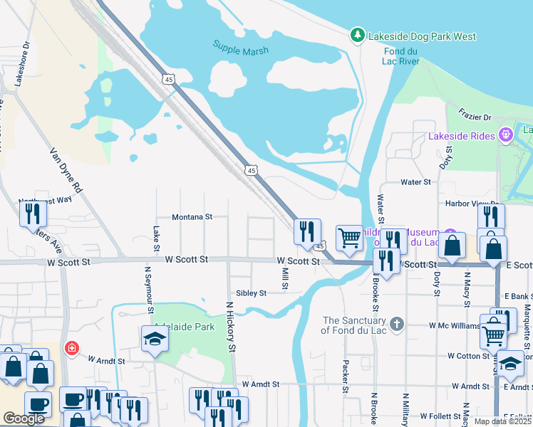 map of restaurants, bars, coffee shops, grocery stores, and more near 355 North Street in Fond du Lac