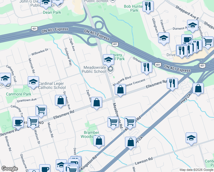 map of restaurants, bars, coffee shops, grocery stores, and more near 740 Meadowvale Road in Toronto