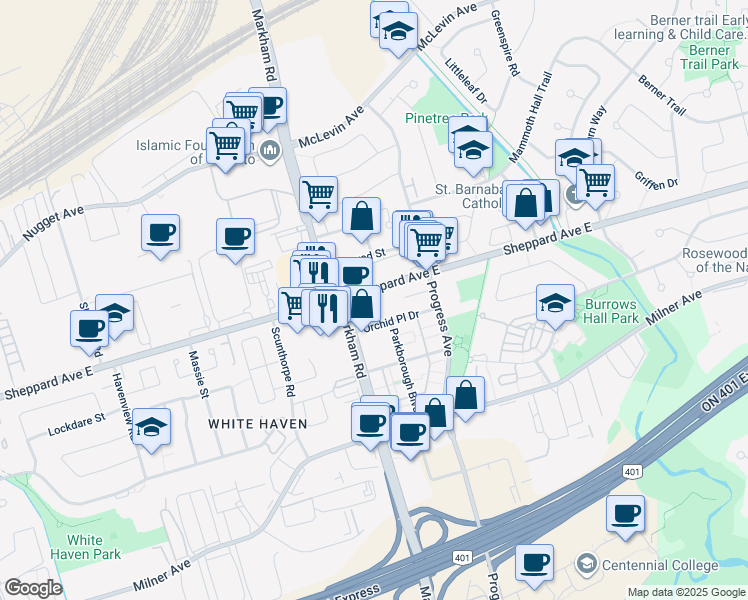 map of restaurants, bars, coffee shops, grocery stores, and more near in Toronto
