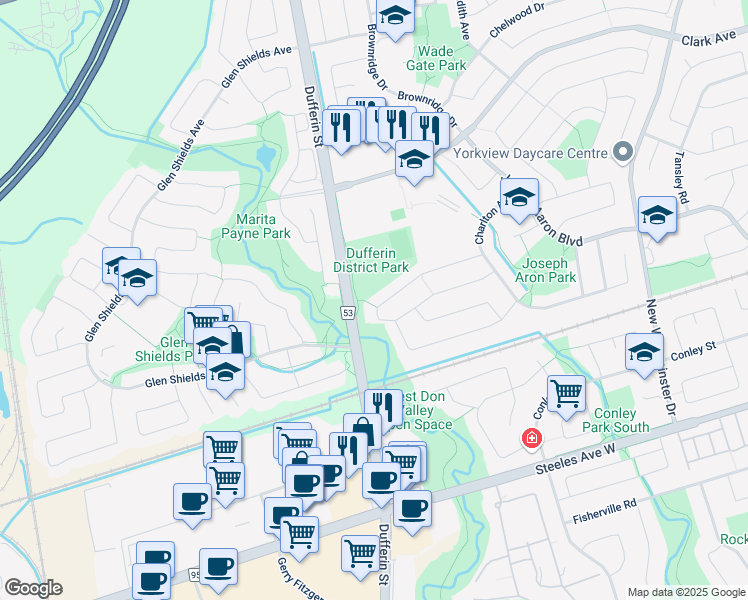 map of restaurants, bars, coffee shops, grocery stores, and more near 183 Badessa Circle in Vaughan