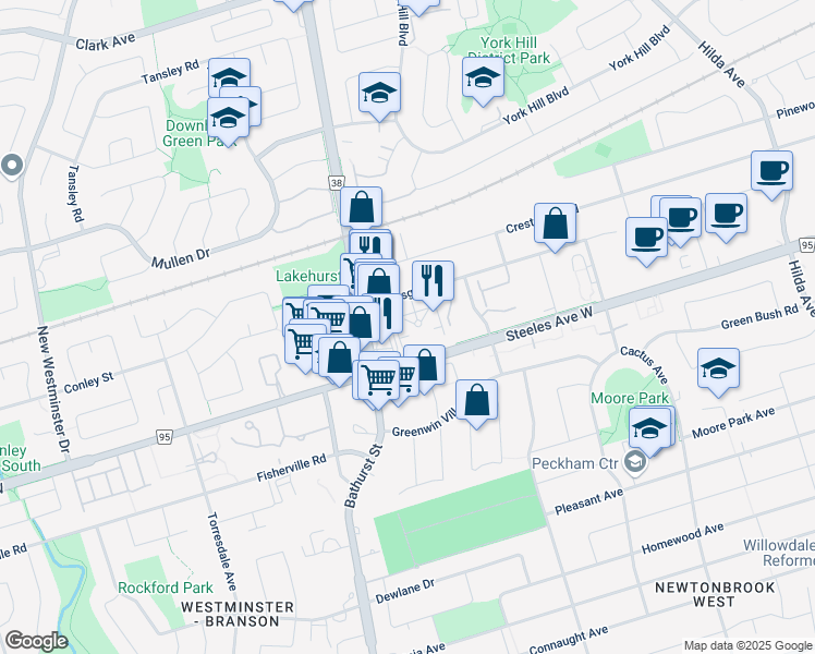 map of restaurants, bars, coffee shops, grocery stores, and more near 7 Townsgate Drive in Vaughan