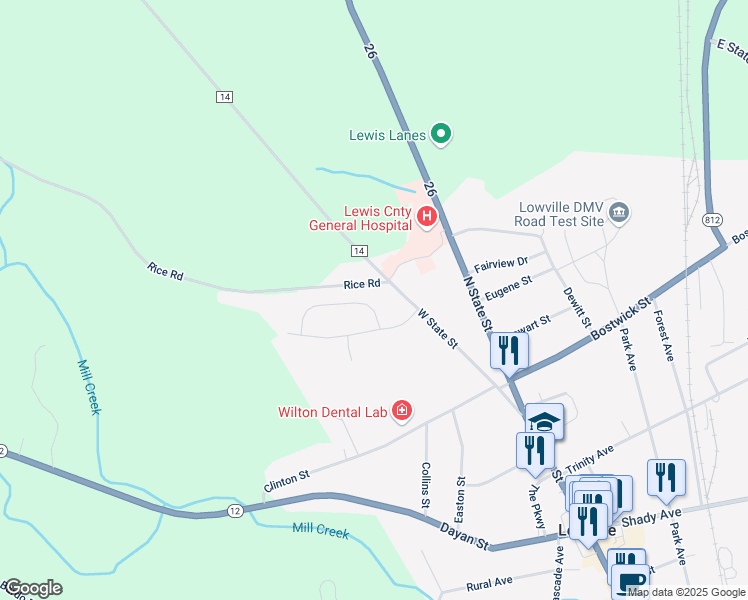 map of restaurants, bars, coffee shops, grocery stores, and more near 5204 N Si Hillcrest Cir in Lowville