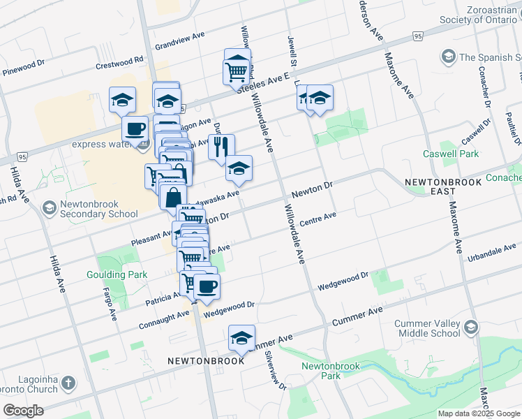 map of restaurants, bars, coffee shops, grocery stores, and more near 67 Newton Drive in Toronto