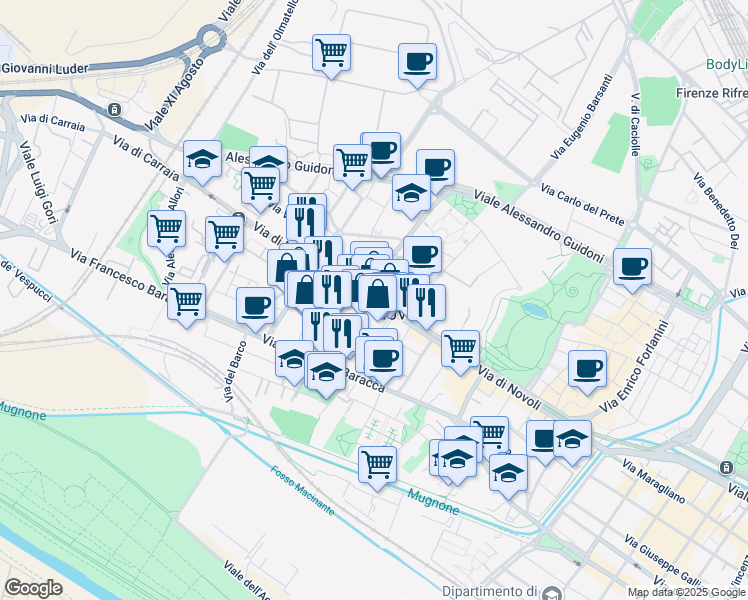 map of restaurants, bars, coffee shops, grocery stores, and more near 175 Via di Novoli in Firenze