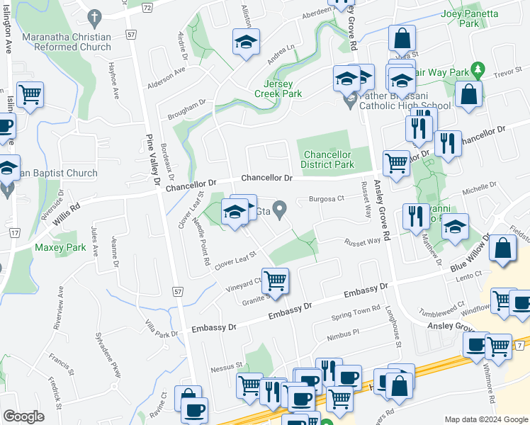 map of restaurants, bars, coffee shops, grocery stores, and more near 41 Presidential Street in Vaughan