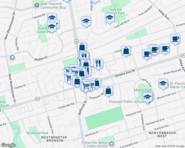 map of restaurants, bars, coffee shops, grocery stores, and more near 7 Townsgate Drive in Toronto