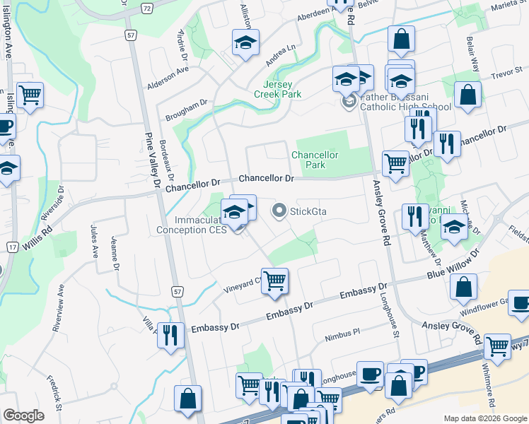 map of restaurants, bars, coffee shops, grocery stores, and more near 41 Presidential Street in Vaughan