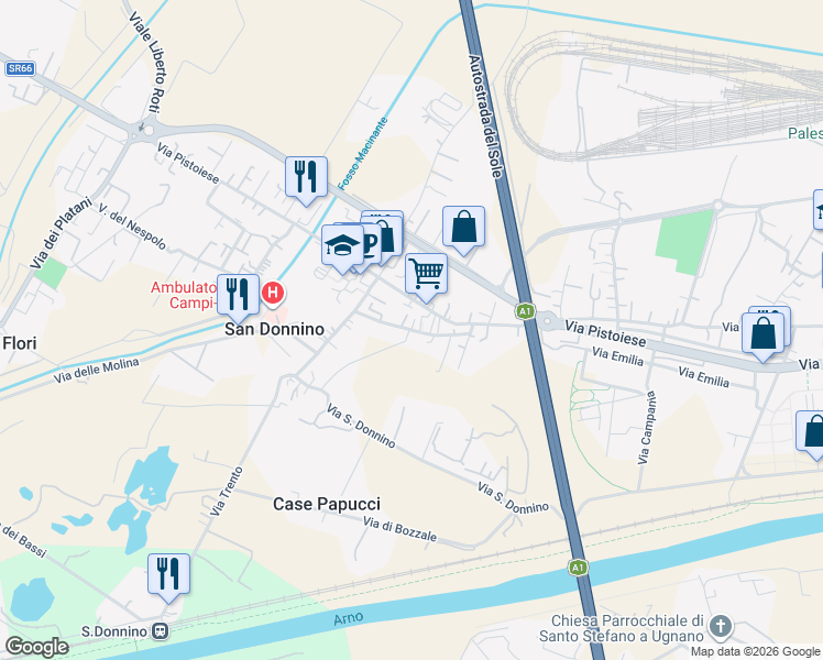 map of restaurants, bars, coffee shops, grocery stores, and more near 13 Via Viottole in San Donnino