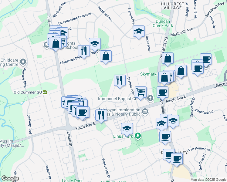 map of restaurants, bars, coffee shops, grocery stores, and more near Lehar Crescent in Toronto