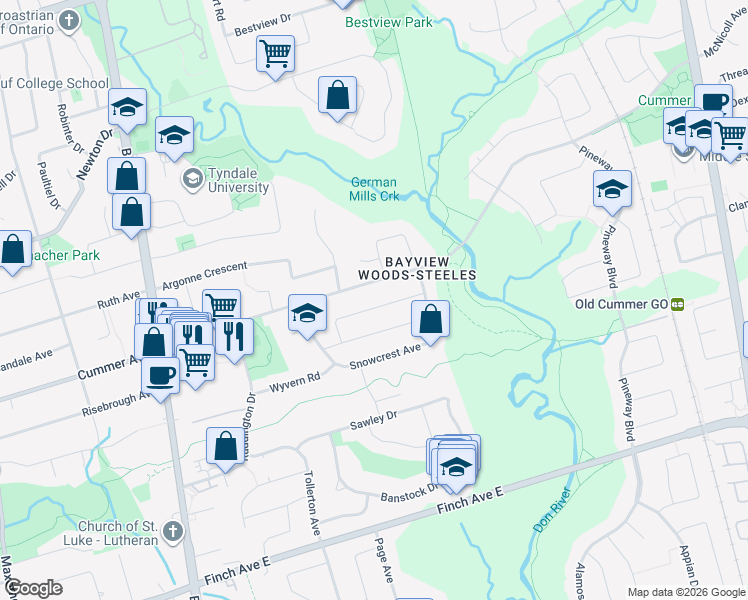 map of restaurants, bars, coffee shops, grocery stores, and more near in Toronto