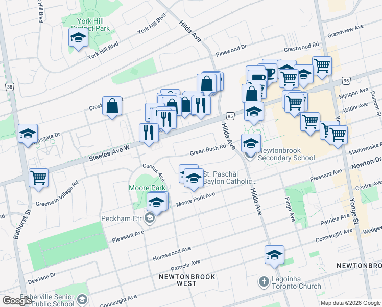 map of restaurants, bars, coffee shops, grocery stores, and more near Green Bush Road in Toronto