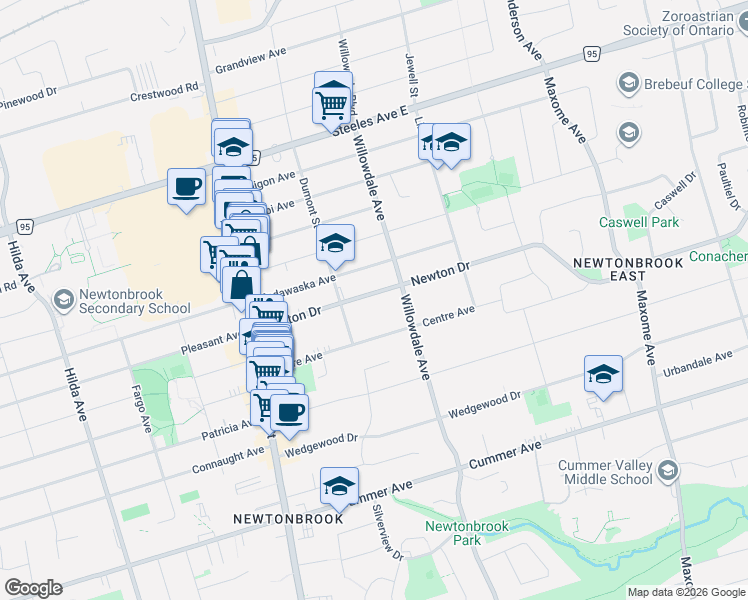 map of restaurants, bars, coffee shops, grocery stores, and more near 71 Newton Drive in Toronto
