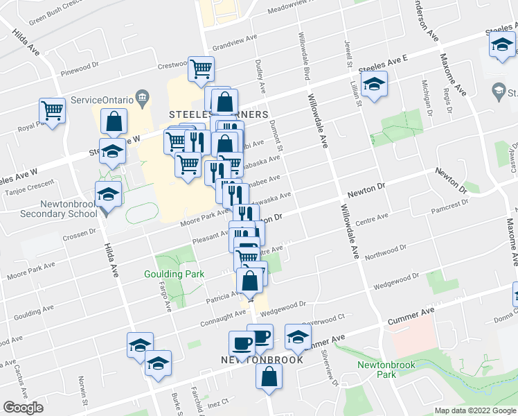 map of restaurants, bars, coffee shops, grocery stores, and more near 19 Madawaska Avenue in Toronto