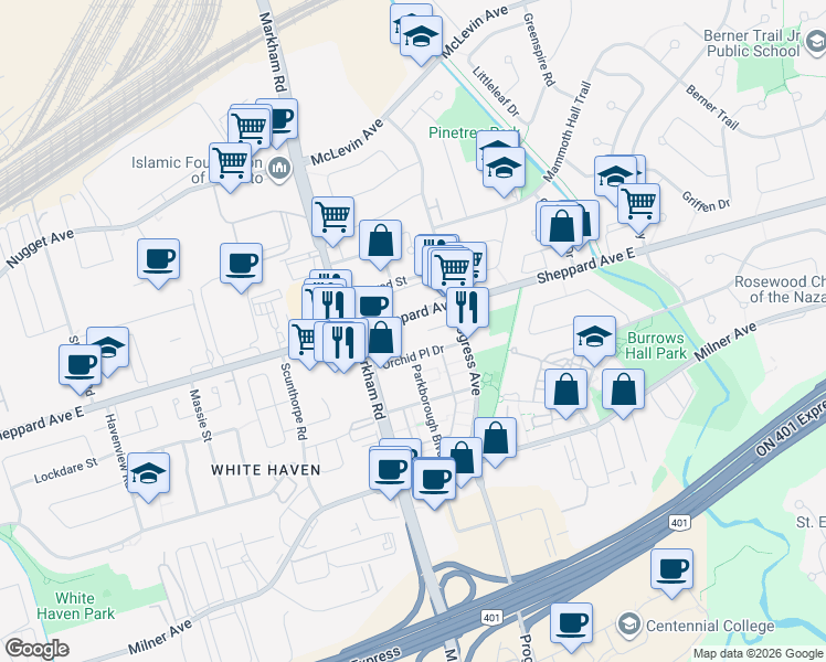 map of restaurants, bars, coffee shops, grocery stores, and more near 5155 Sheppard Avenue East in Toronto