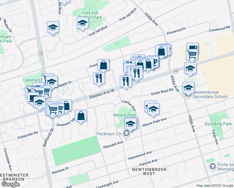 map of restaurants, bars, coffee shops, grocery stores, and more near 28 Cactus Avenue in Toronto