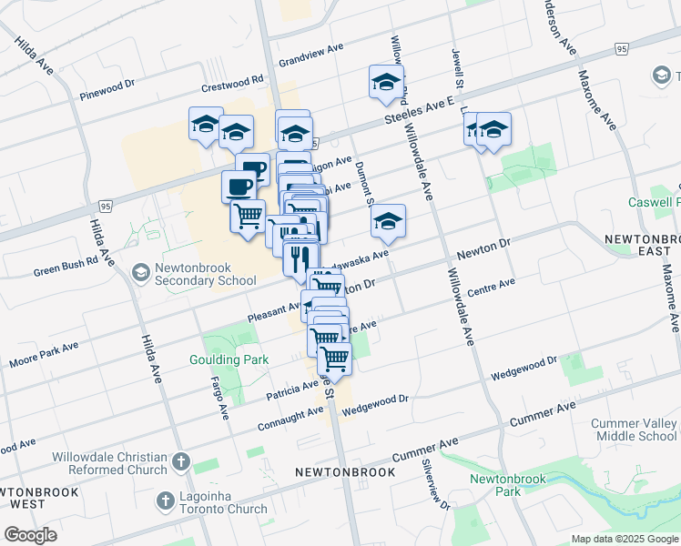 map of restaurants, bars, coffee shops, grocery stores, and more near 19 Madawaska Avenue in Toronto