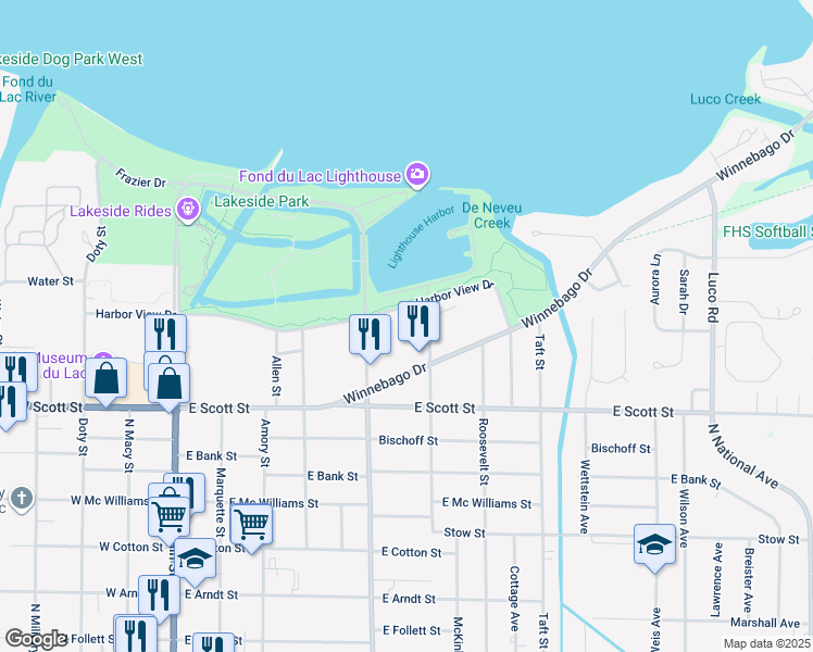 map of restaurants, bars, coffee shops, grocery stores, and more near 515 North Park Avenue in Fond du Lac