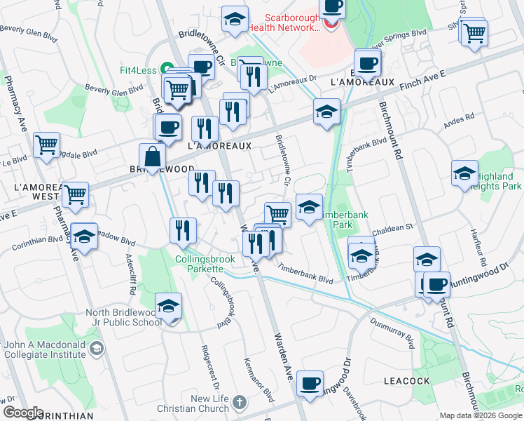 map of restaurants, bars, coffee shops, grocery stores, and more near 1200 Bridletowne Circle in Toronto