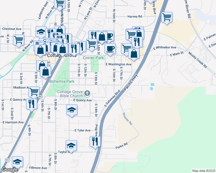 map of restaurants, bars, coffee shops, grocery stores, and more near 1515 East Madison Avenue in Cottage Grove