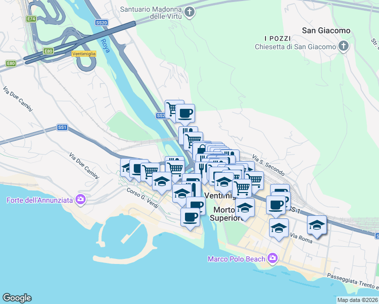 map of restaurants, bars, coffee shops, grocery stores, and more near 13 Via San Secondo in Ventimiglia