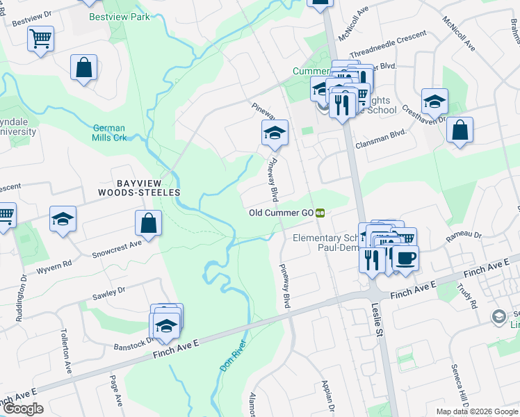 map of restaurants, bars, coffee shops, grocery stores, and more near 10 Weatherstone Crescent in Toronto