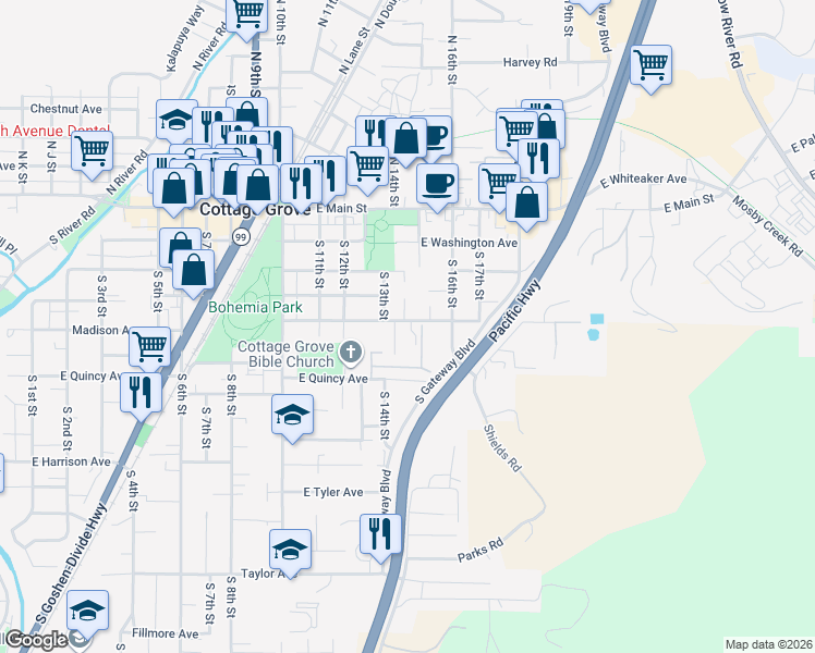 map of restaurants, bars, coffee shops, grocery stores, and more near 1425 East Madison Avenue in Cottage Grove