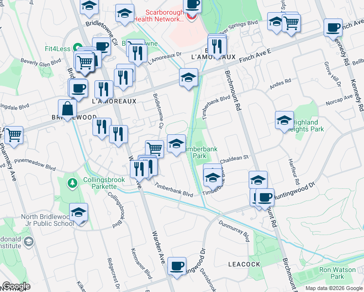 map of restaurants, bars, coffee shops, grocery stores, and more near 11 Eaton Park Lane in Toronto