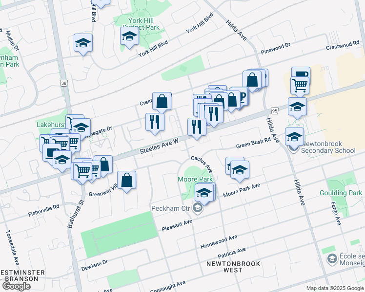 map of restaurants, bars, coffee shops, grocery stores, and more near 28 Cactus Avenue in Toronto