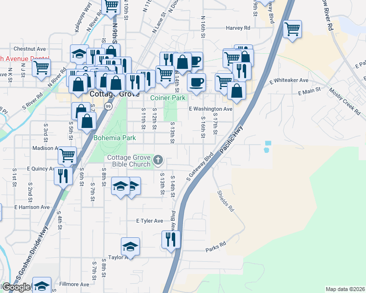map of restaurants, bars, coffee shops, grocery stores, and more near 1425 East Madison Avenue in Cottage Grove