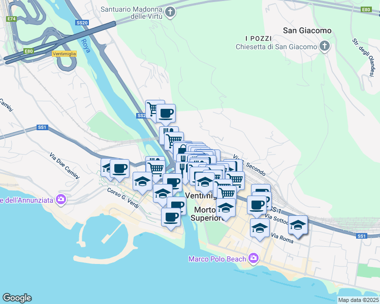 map of restaurants, bars, coffee shops, grocery stores, and more near 20 Via San Secondo in Ventimiglia