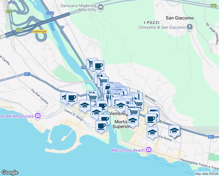 map of restaurants, bars, coffee shops, grocery stores, and more near 20 Via San Secondo in Ventimiglia