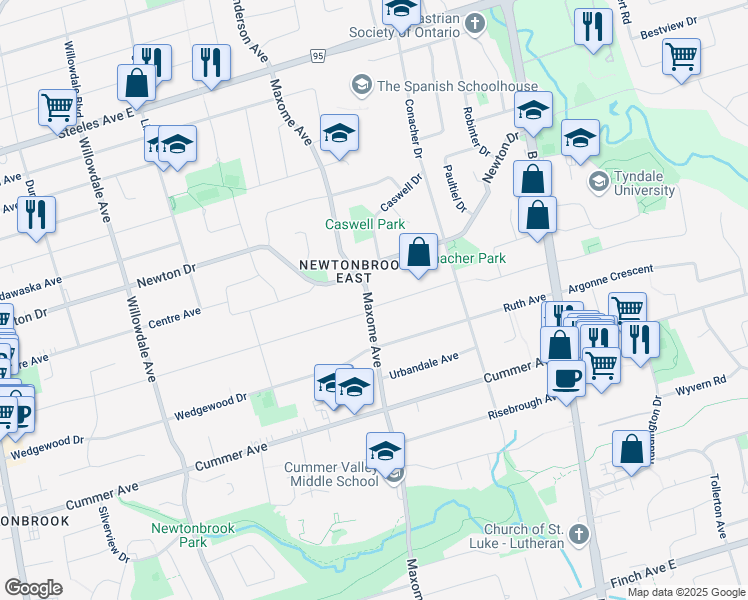 map of restaurants, bars, coffee shops, grocery stores, and more near 190 Northwood Drive in Toronto