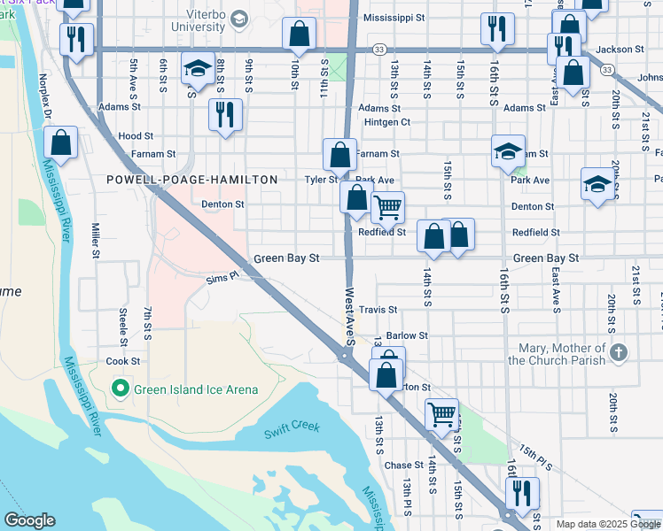 map of restaurants, bars, coffee shops, grocery stores, and more near 1800 West Avenue South in La Crosse